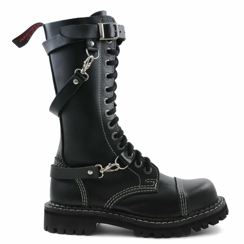 Bottes En Cuir Angry Itch - 14 Trous Sangles Ranger Noir 3 Bottes En Cuir Angry Itch - 14 Trous Sangles Ranger Noir